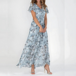 Women's Floral V Neck Flutter Sleeve Maxi Wedding Guest Dress