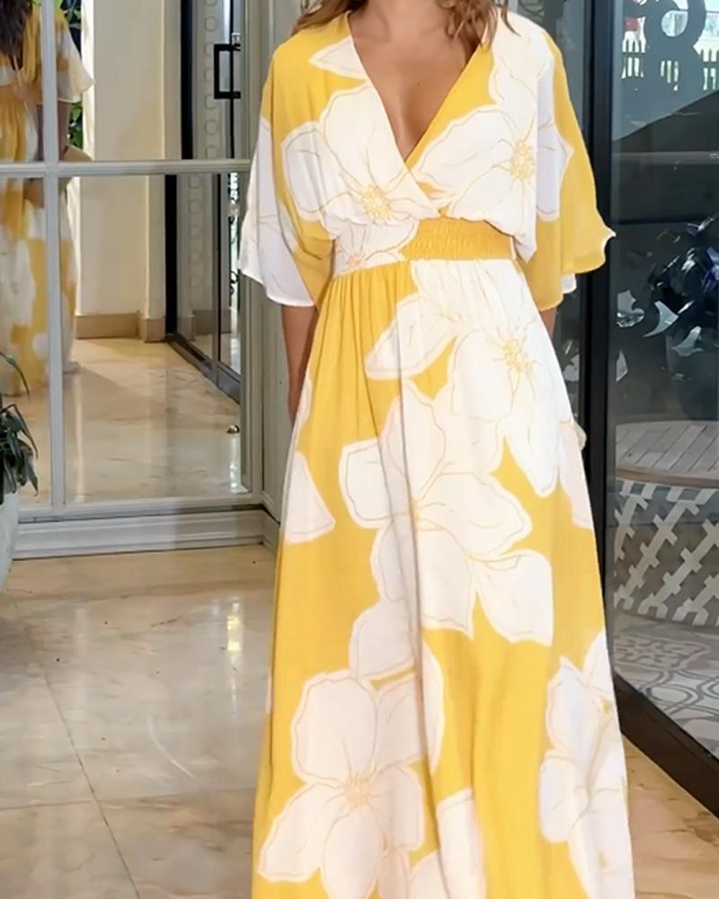 Women's Floral V Neck Half Sleeve Gathered Waist Maxi Sundress