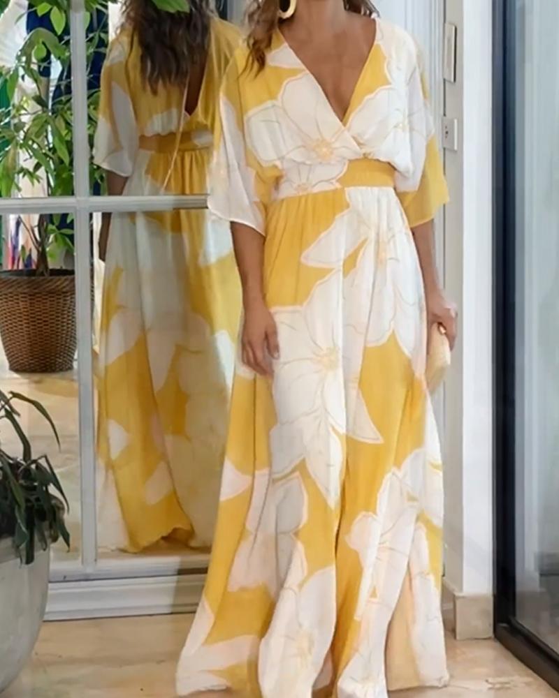 Women's Floral V Neck Half Sleeve Gathered Waist Maxi Sundress