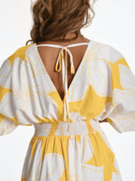 Women's Floral V Neck Half Sleeve Gathered Waist Maxi Sundress