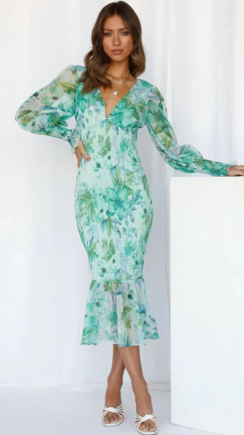 Women’s Floral V Neck Ruffle Hem Midi Wedding Guest Dress