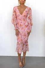 Women’s Floral V Neck Ruffle Hem Midi Wedding Guest Dress