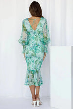 Women’s Floral V Neck Ruffle Hem Midi Wedding Guest Dress