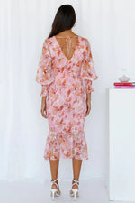 Women’s Floral V Neck Ruffle Hem Midi Wedding Guest Dress