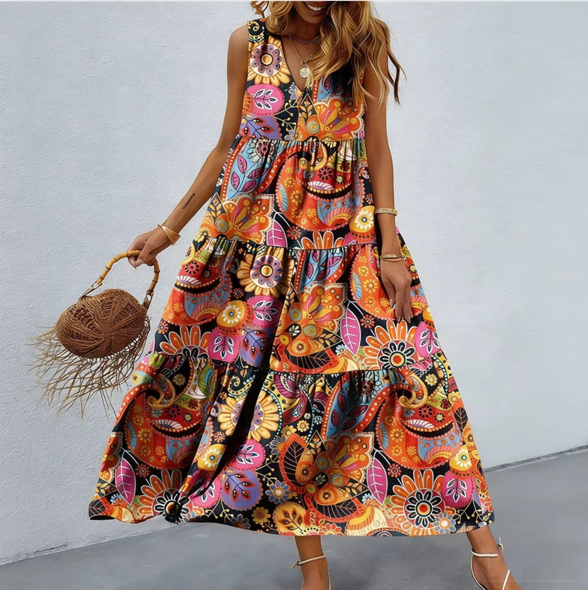 Women's Floral V Neck Tiered Sleeveless Maxi Sundress
