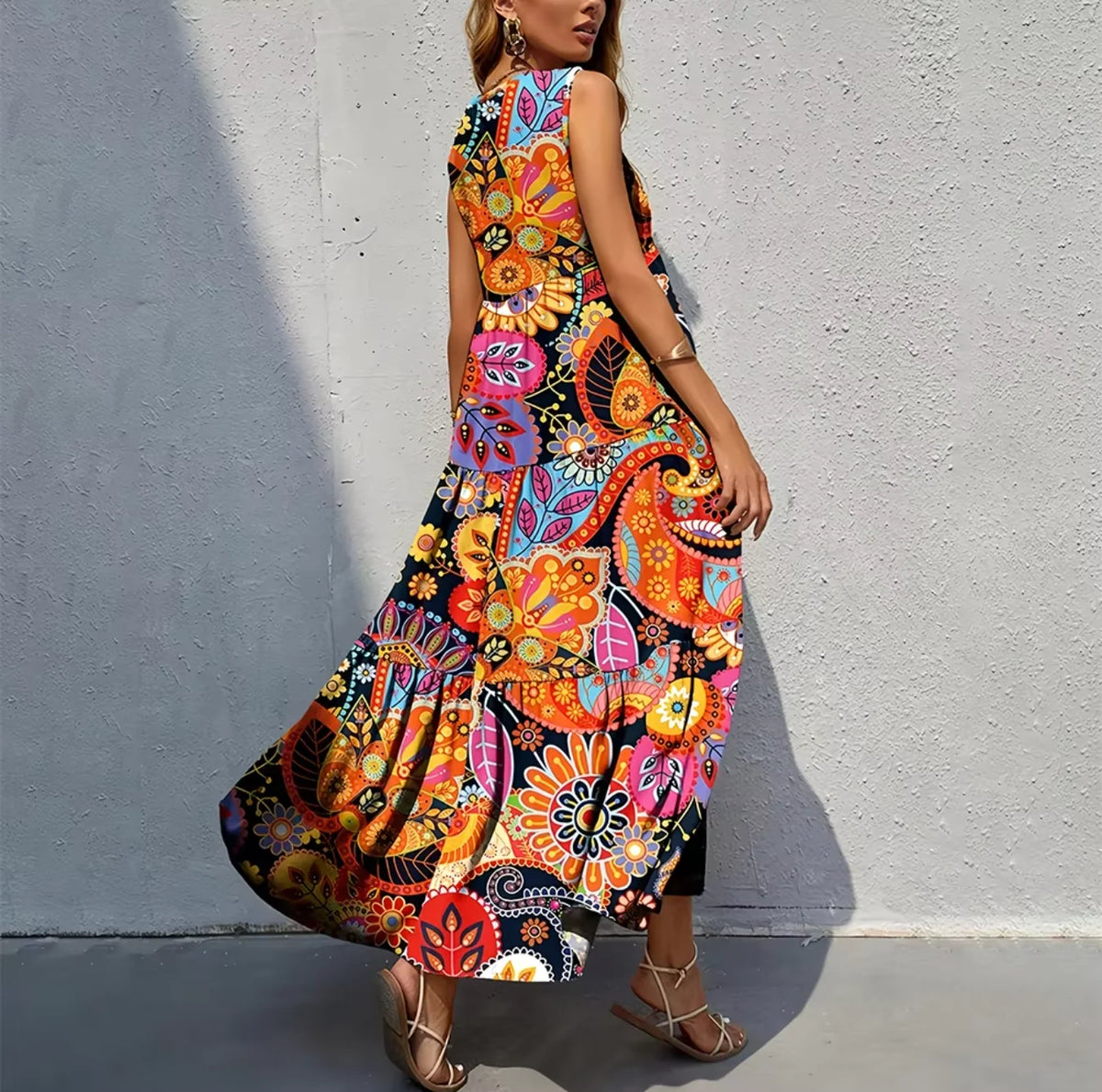 Women's Floral V Neck Tiered Sleeveless Maxi Sundress