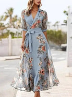 Women’s Floral Wrap V Neck Short Sleeve Tie Waist Maxi Dress