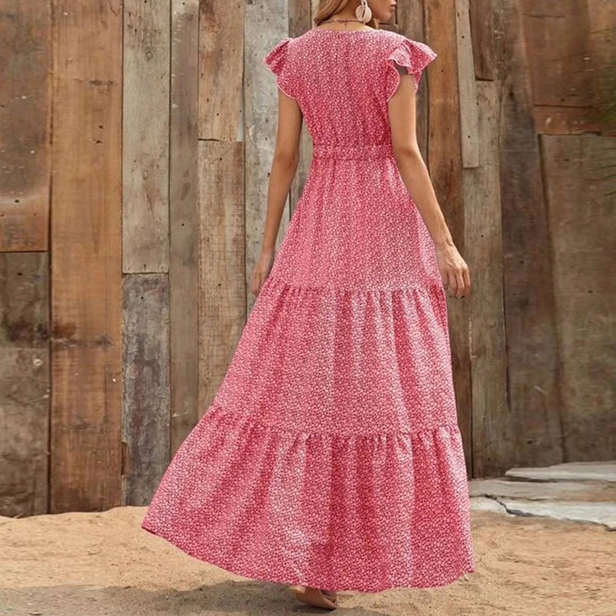 Women's Flutter Sleeve Tiered Maxi Sundress