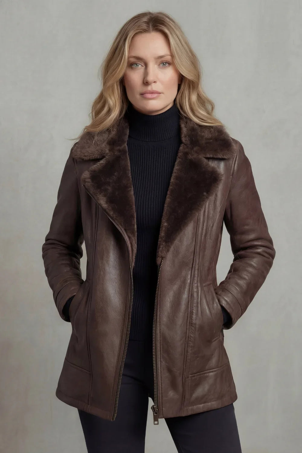 Women's Fur-Collar Zip-Front Faux Leather Jacket