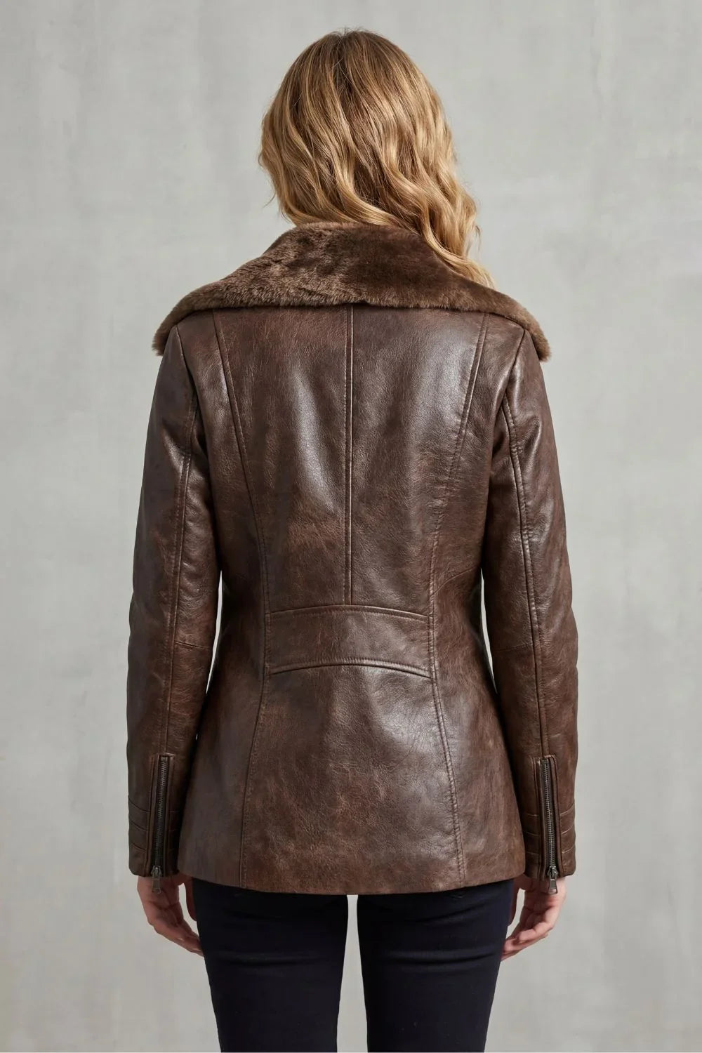 Women's Fur-Collar Zip-Front Faux Leather Jacket