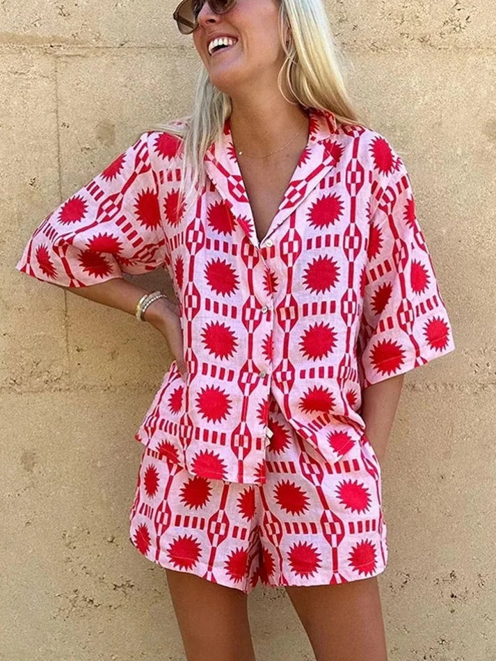 Women's Geometric Print Short Sleeve Shirt and Shorts Summer Set