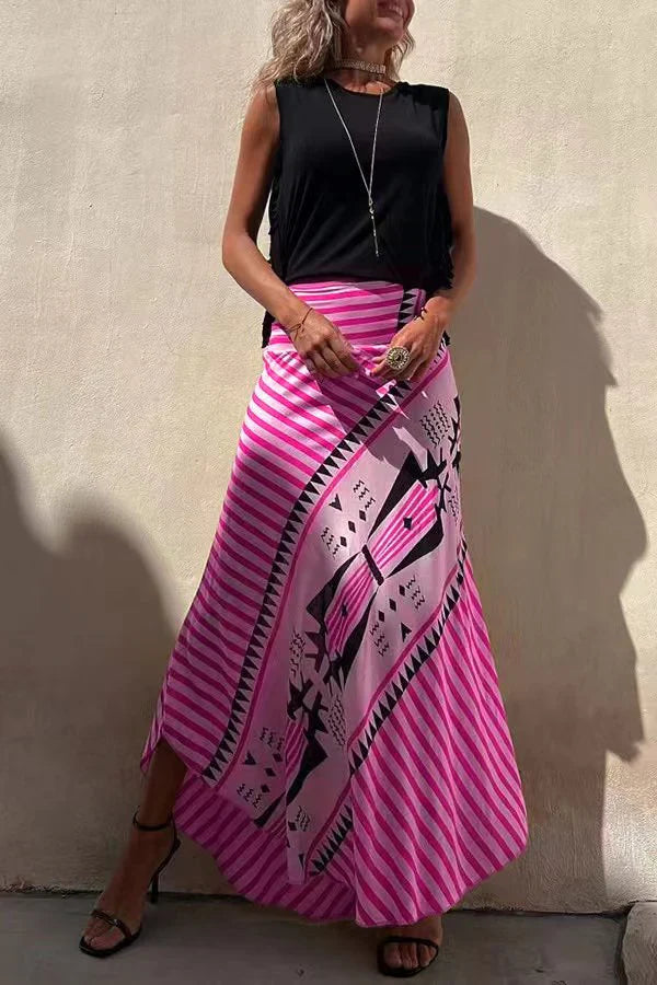 Women's Geometric Striped High Rise Asymmetrical Hem Maxi Skirt