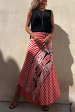 Women's Geometric Striped High Rise Asymmetrical Hem Maxi Skirt