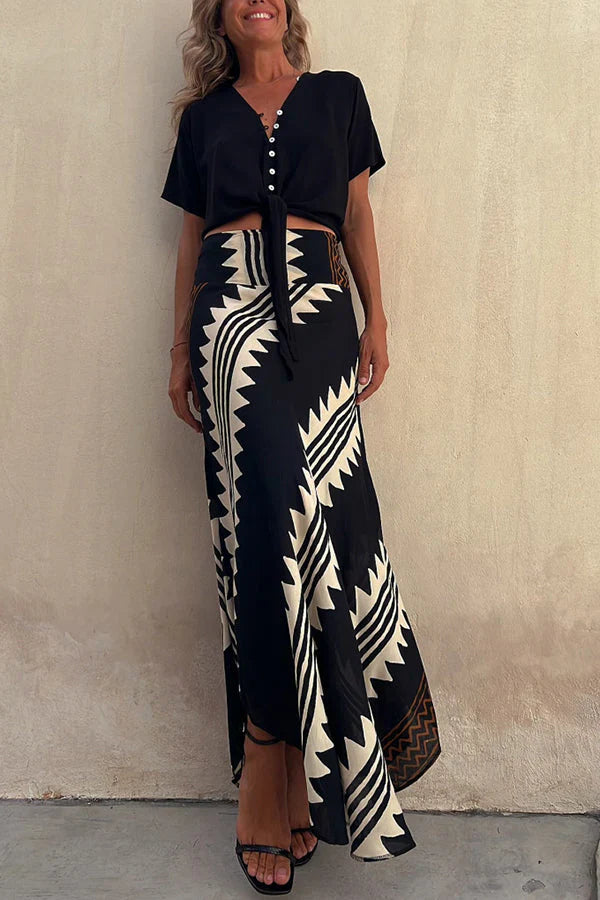 Women's Geometric Striped High Rise Asymmetrical Hem Maxi Skirt