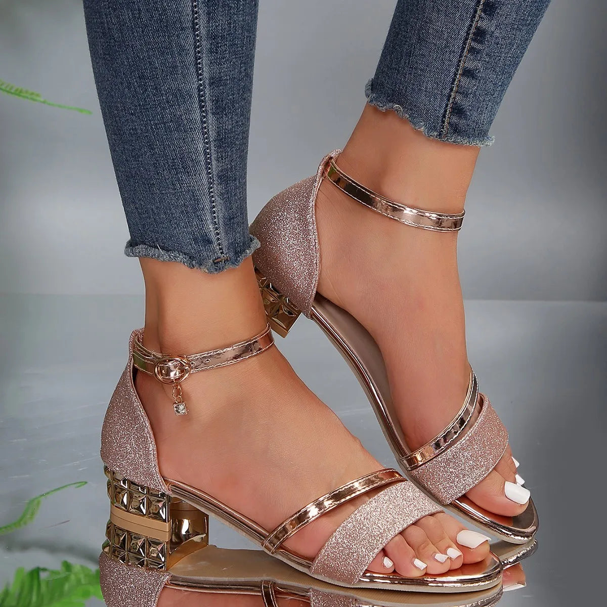 Women's Glitter Strap Block Heel Sandals