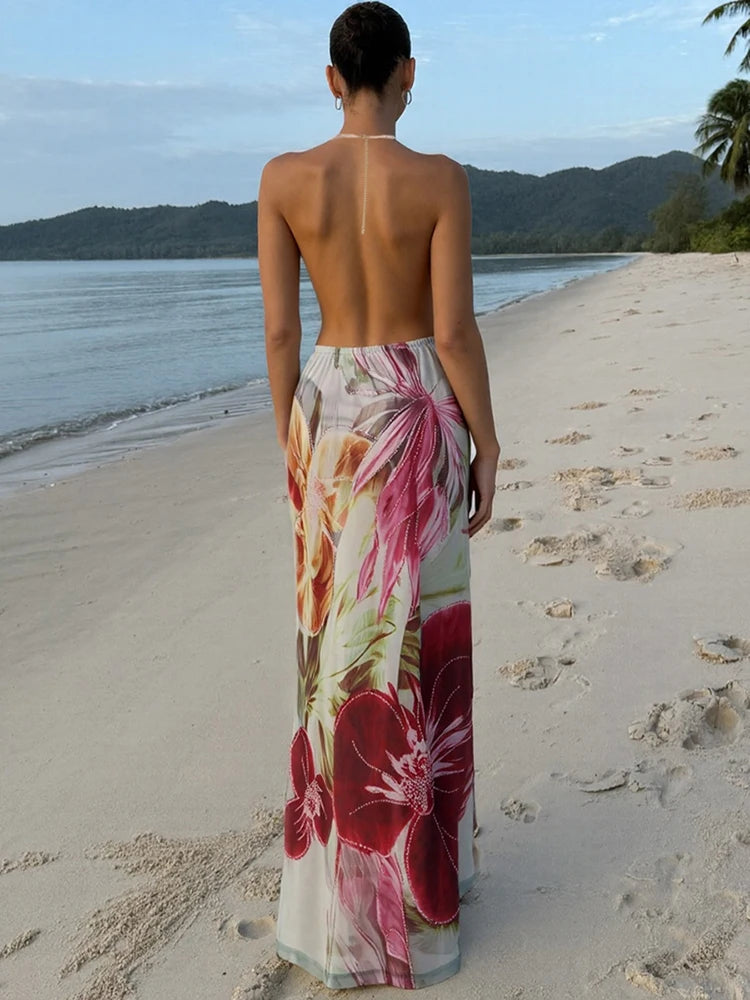 Women’s Halter Neck Floral Maxi Wedding Guest Dress