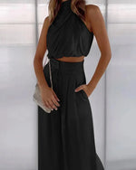 Women’s Halter Neck Sleeveless Top and Wide Leg Pants 2 Piece Set