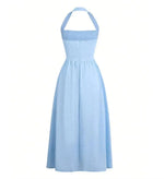 Women's Halter Neck Textured Gathered Skirt Back Zip Wedding Guest Dress