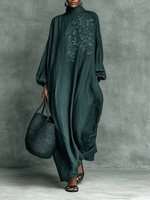 Women's High Neck Lantern Sleeve Embroidery Loose Maxi Dress
