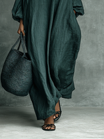 Women's High Neck Lantern Sleeve Embroidery Loose Maxi Dress