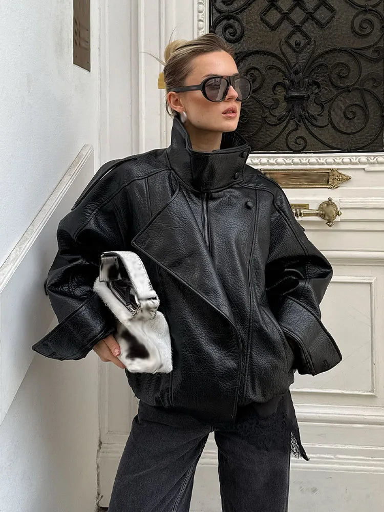 Women’s High Neck Zip Front Leather Look Jacket