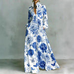 Women's High Waist Printed Long Sleeve Shirt Maxi Dress