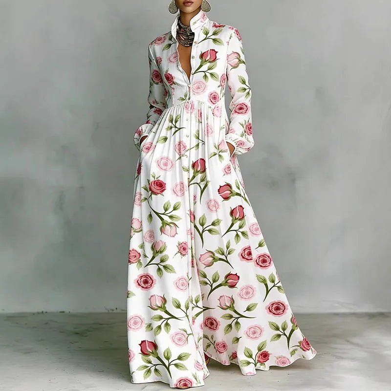 Women's High Waist Printed Long Sleeve Shirt Maxi Dress