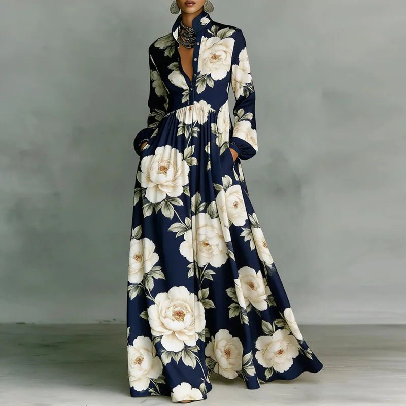 Women's High Waist Printed Long Sleeve Shirt Maxi Dress