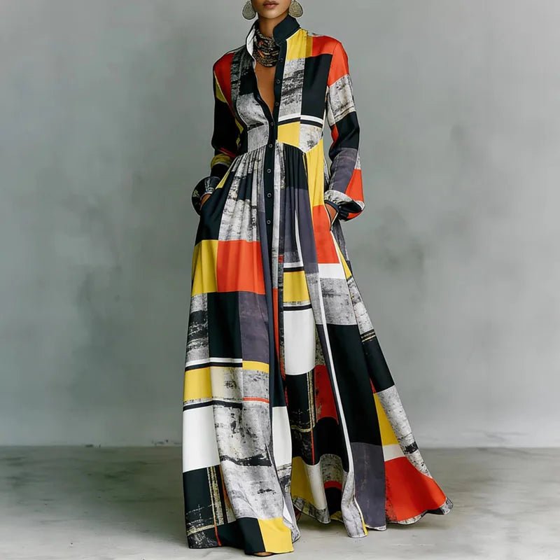 Women's High Waist Printed Long Sleeve Shirt Maxi Dress