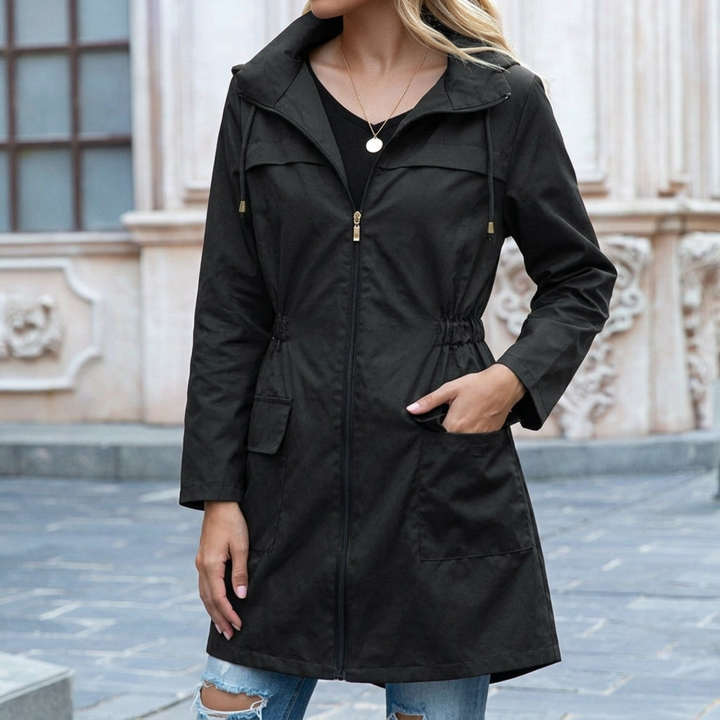 Women's Hooded Drawstring Waterproof Rain Jacket