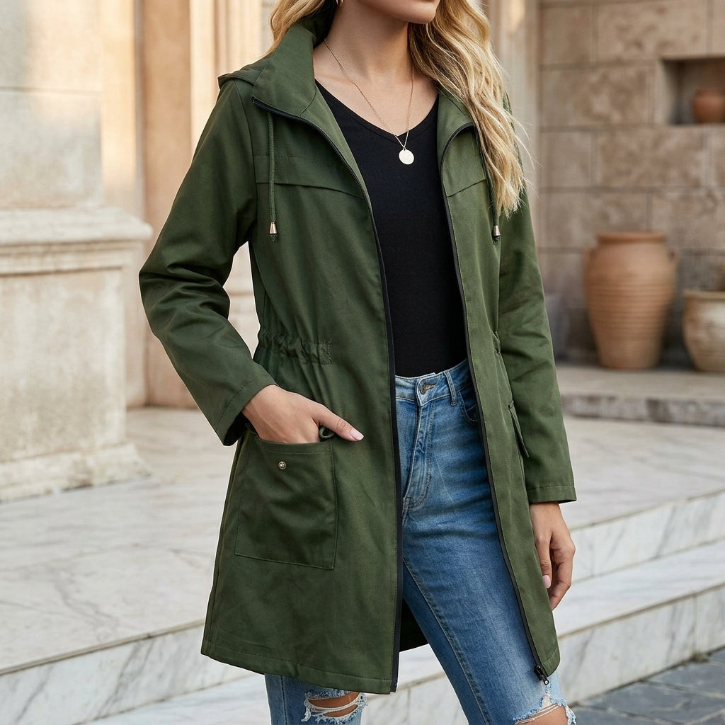 Women's Hooded Drawstring Waterproof Rain Jacket