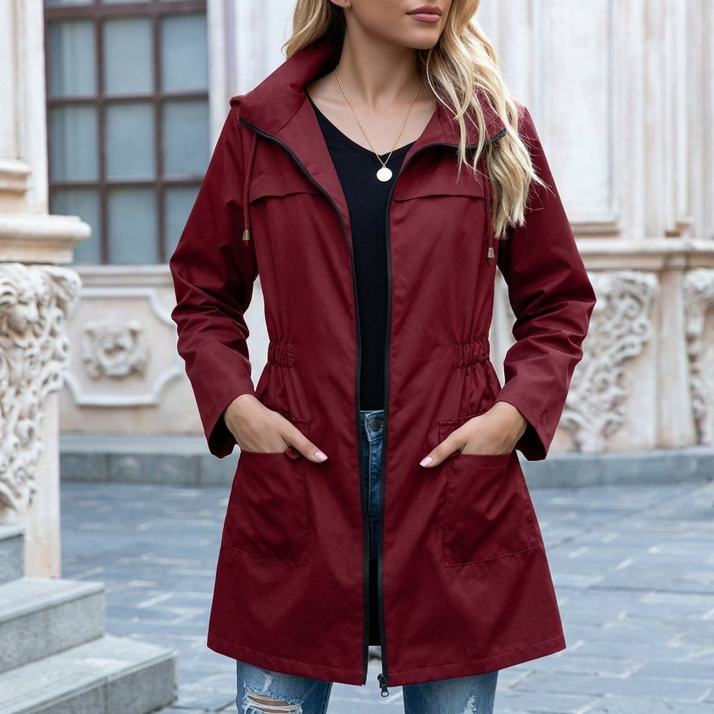 Women's Hooded Drawstring Waterproof Rain Jacket