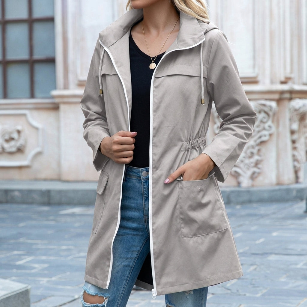 Women's Hooded Drawstring Waterproof Rain Jacket
