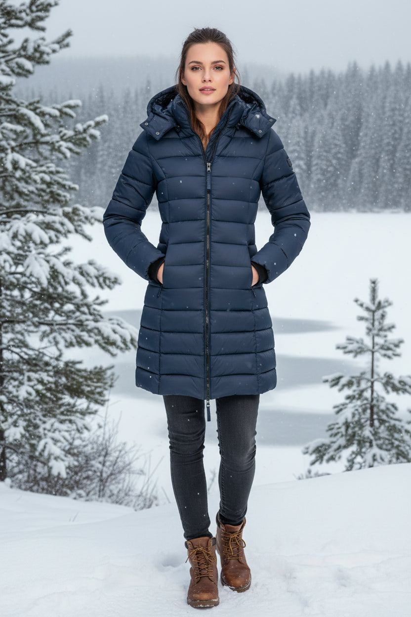 Women's Hooded Quilted Zip-Front Long Sleeve Puffer Jacket
