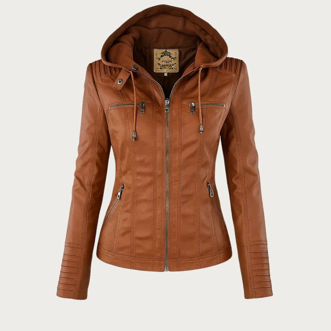 Women's Hooded Zip-Front Motorcycle Leather Jacket