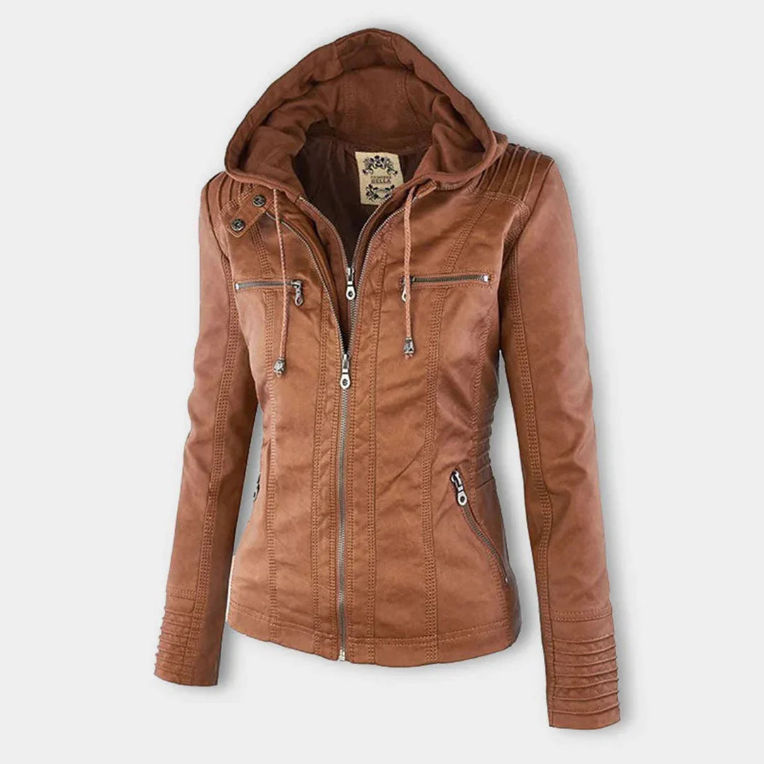 Women's Hooded Zip-Front Motorcycle Leather Jacket