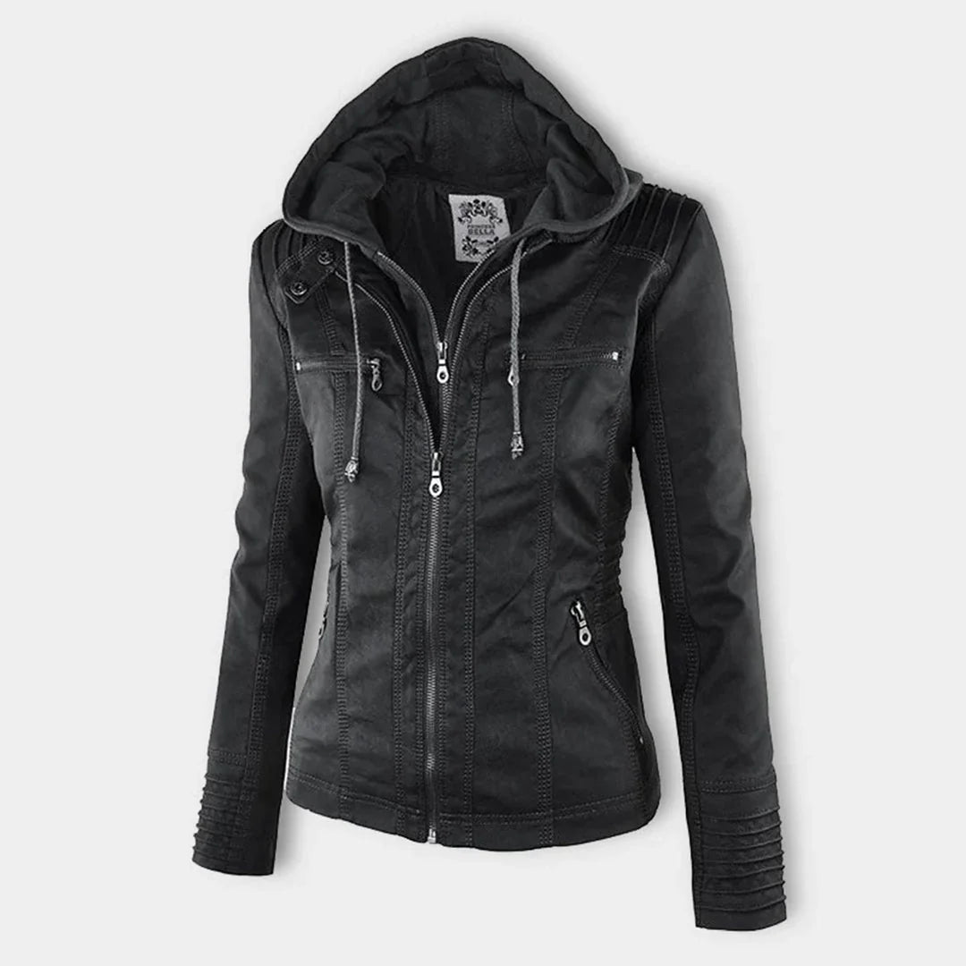 Women's Hooded Zip-Front Motorcycle Leather Jacket