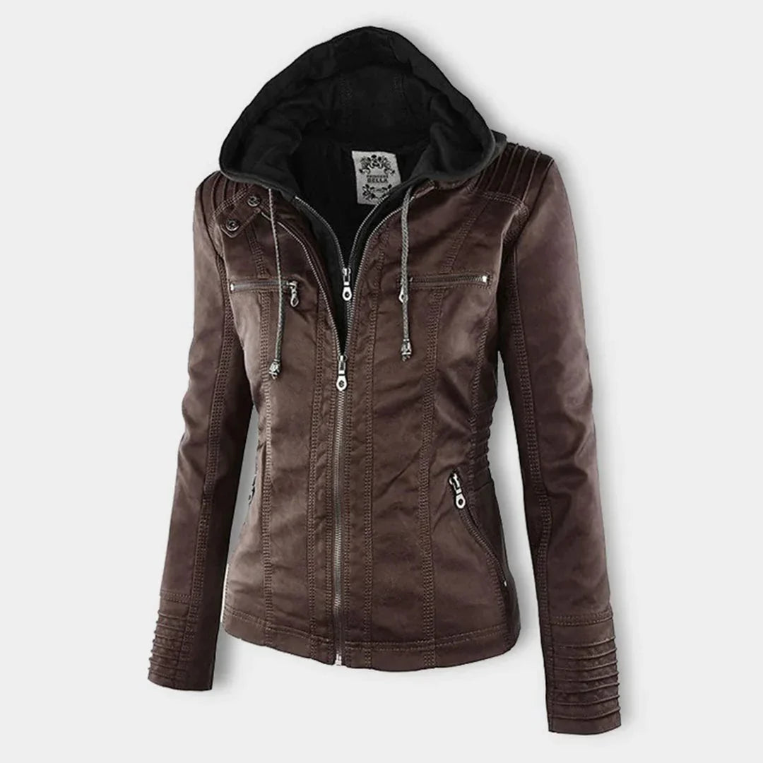 Women's Hooded Zip-Front Motorcycle Leather Jacket