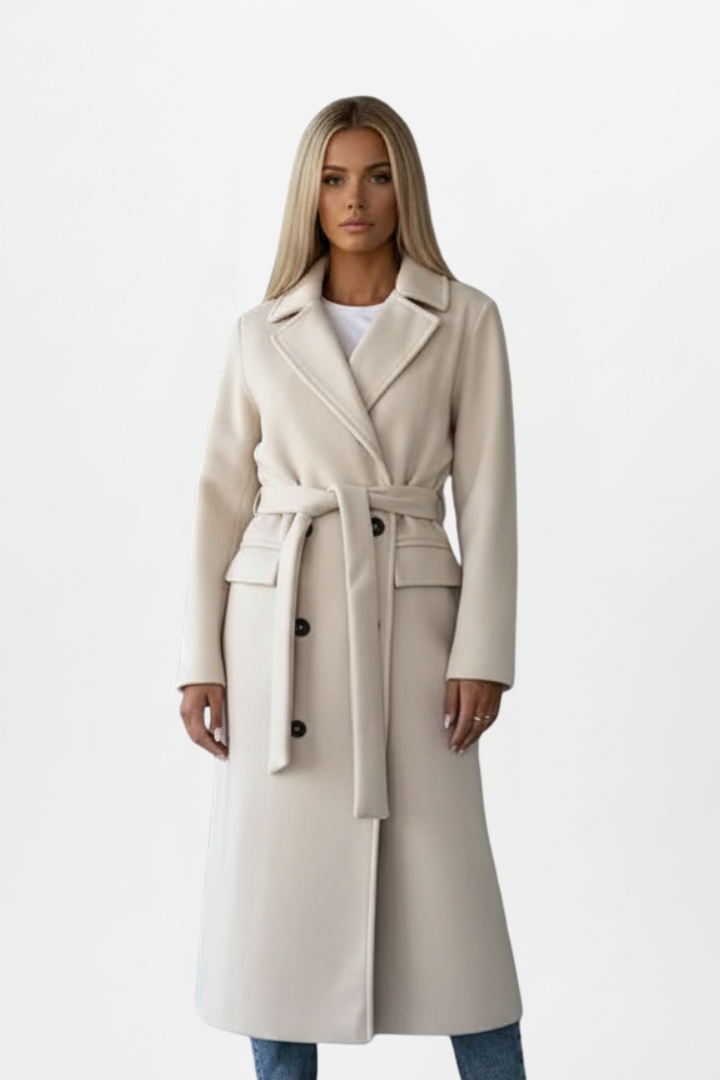 Women's Lapel Collar Belted Double Breasted Long Coat