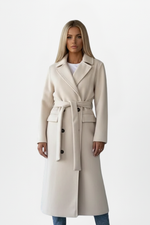 Women's Lapel Collar Belted Double Breasted Long Coat