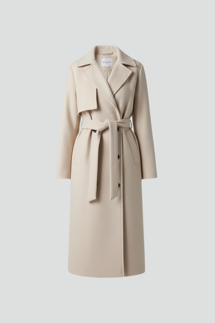Women's Lapel Collar Belted Double Breasted Long Coat