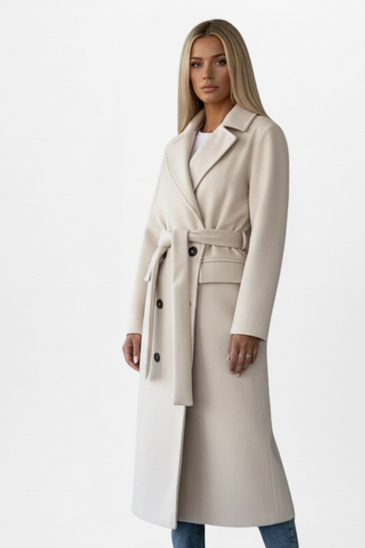 Women's Lapel Collar Belted Double Breasted Long Coat