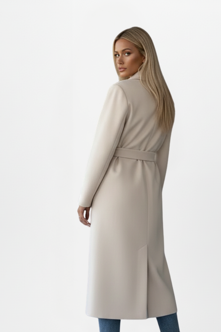 Women's Lapel Collar Belted Double Breasted Long Coat