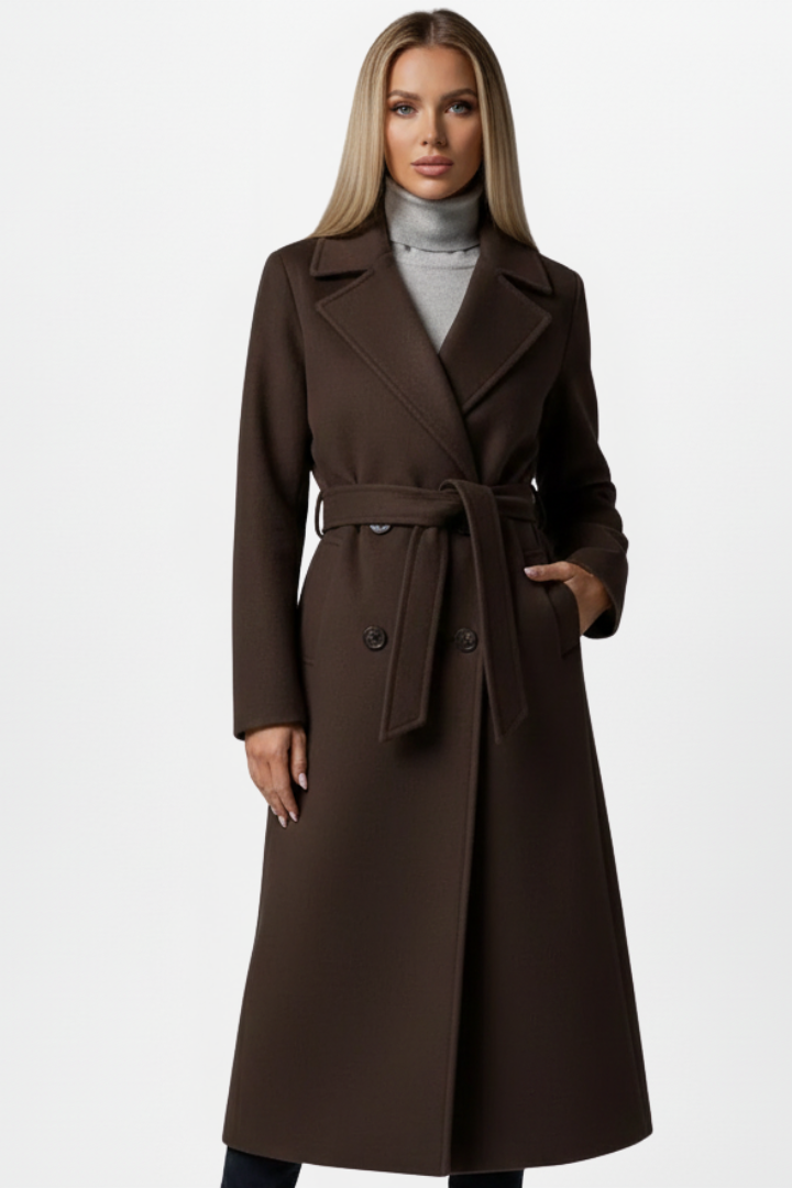 Women's Lapel Collar Belted Double Breasted Long Coat
