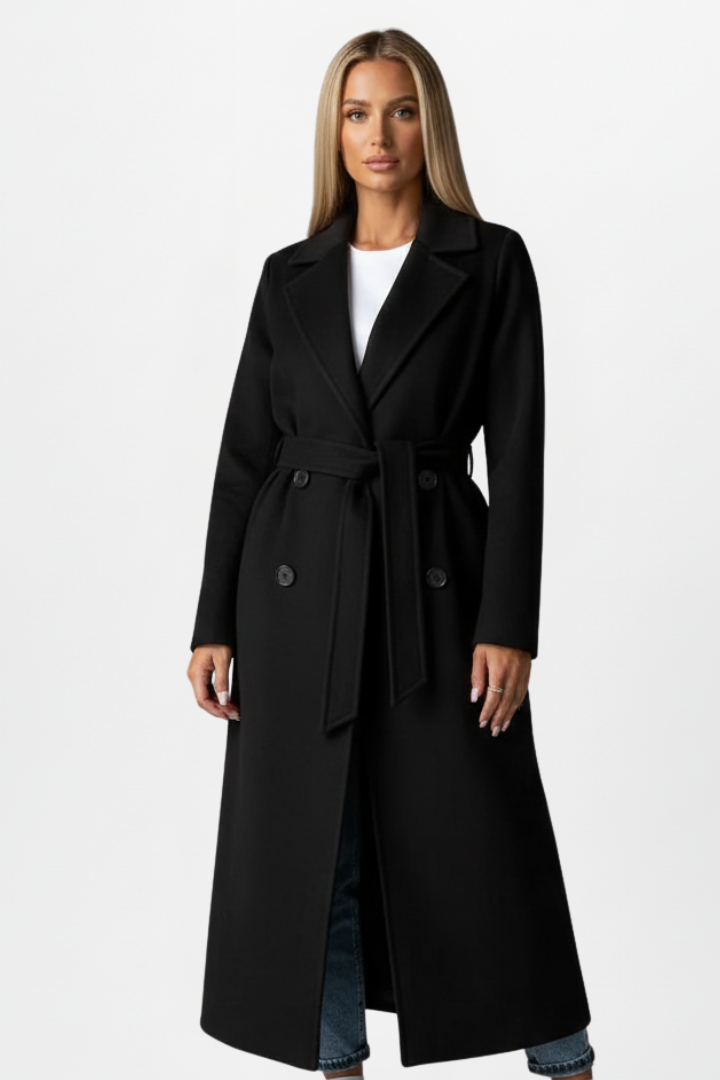 Women's Lapel Collar Belted Double Breasted Long Coat