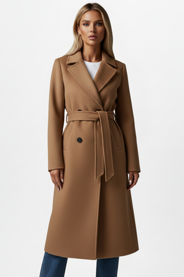 Women's Lapel Collar Belted Double Breasted Long Coat