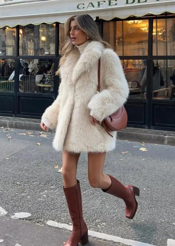 Women's Lapel Collar Long Sleeve Faux Fur Coat