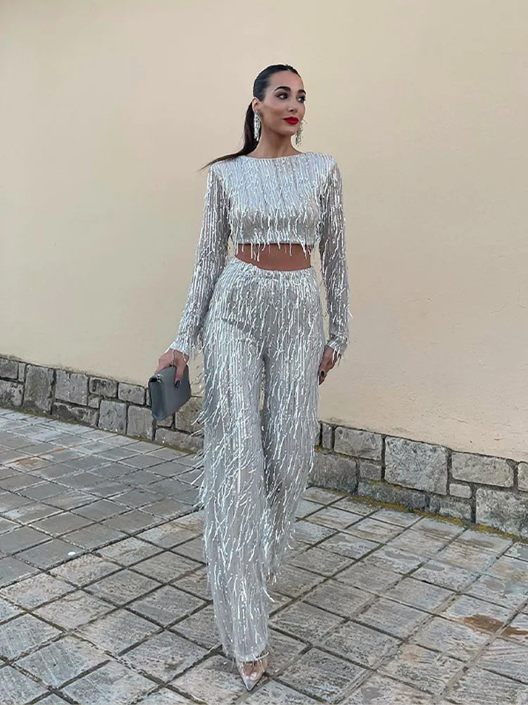 Women's Long Sleeve Crop Top And Pants Sequin Set