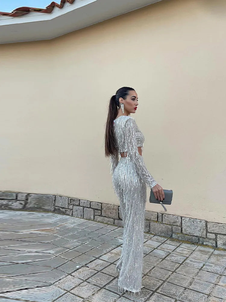 Women's Long Sleeve Crop Top And Pants Sequin Set