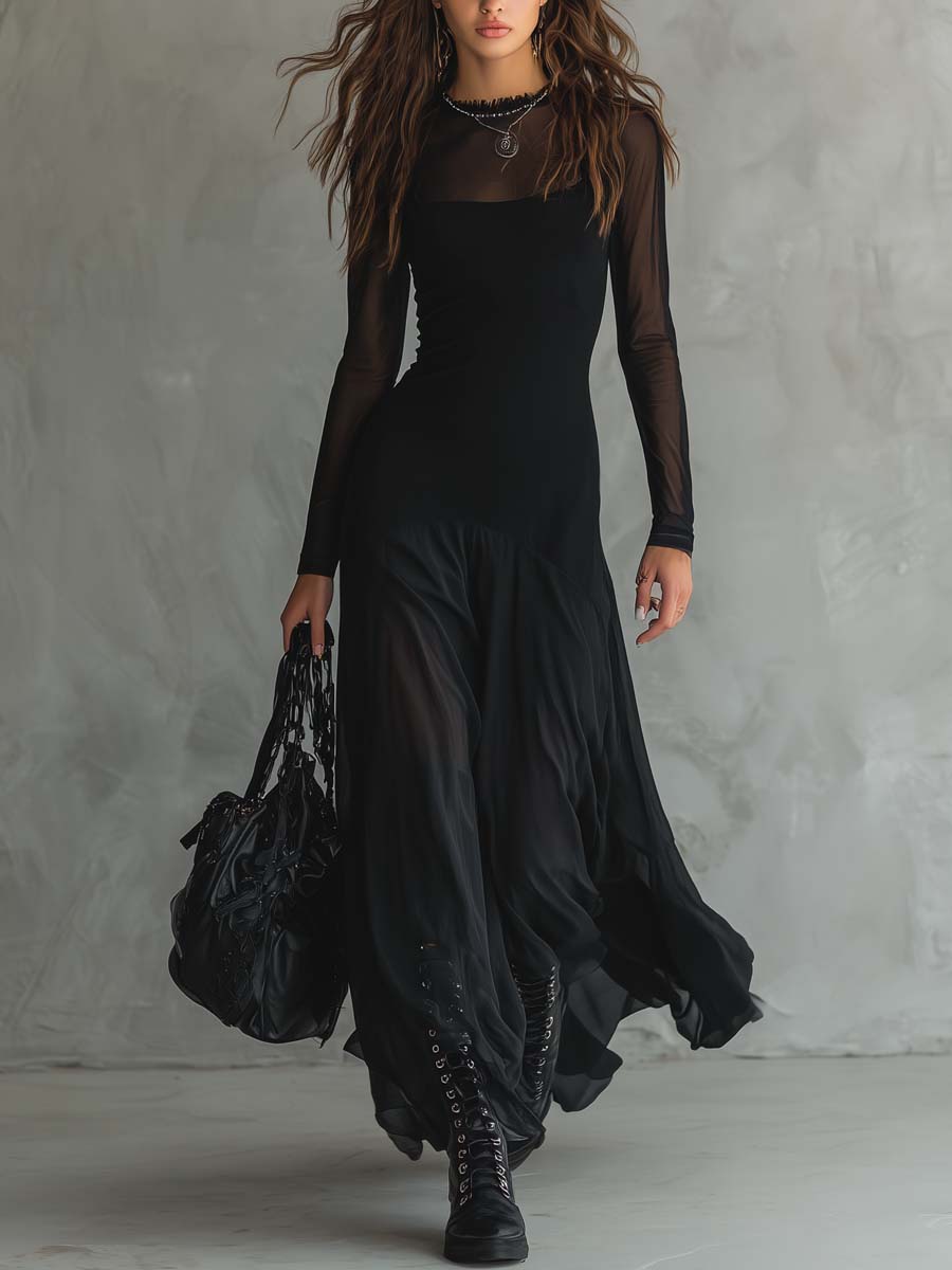 Women's Long Sleeve Ruffled Hem Maxi Dress